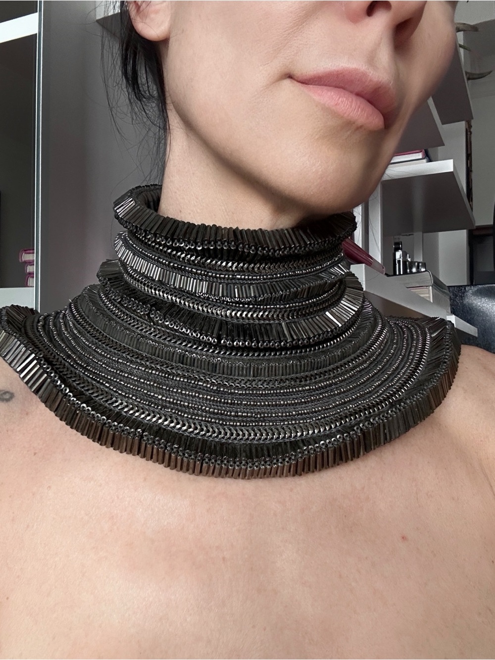 Architectural Black Bead Neckpiece by Annaika - Picture 2 of 7